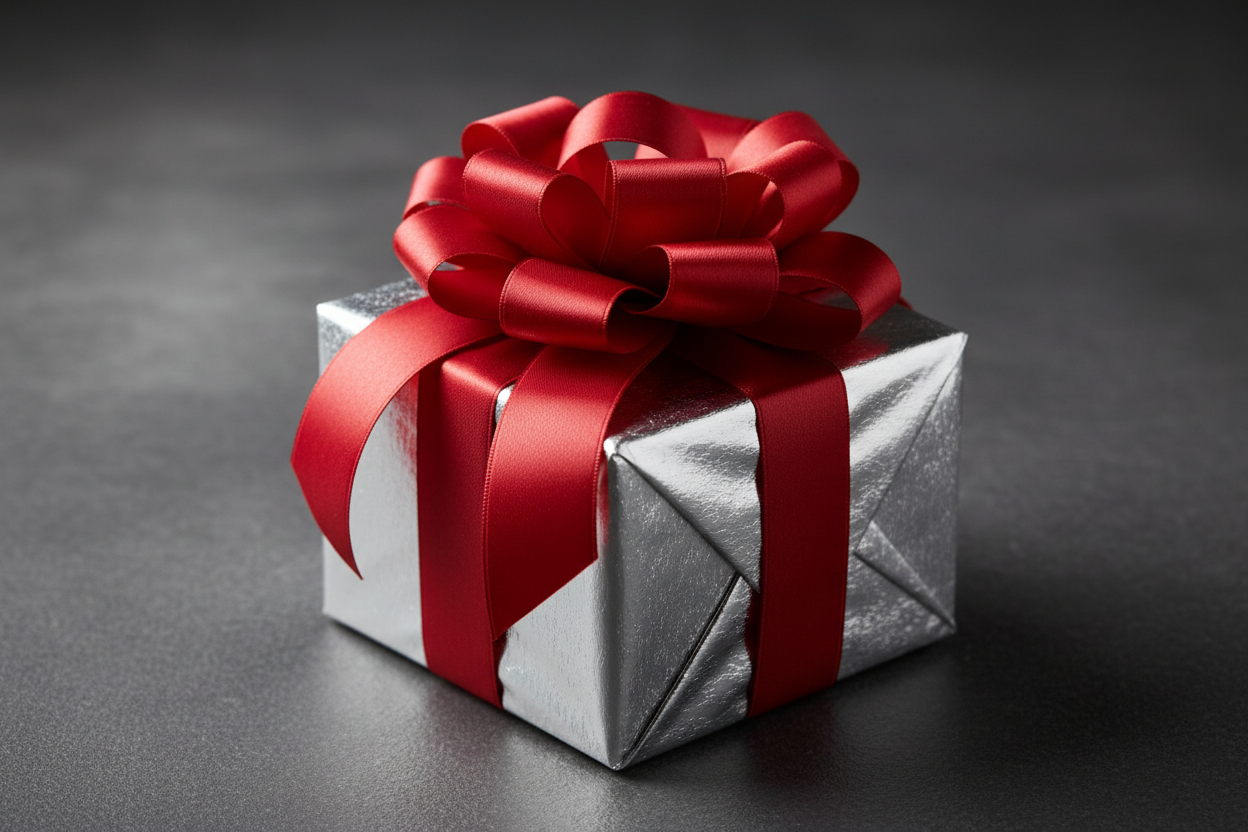 valentine's image with dark grey background and a gift box that is silver in color with red ribbon